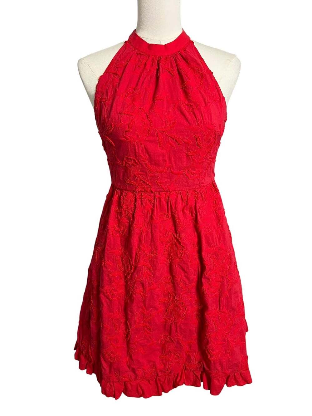 Ted Baker Lorene Dress Small Red Embroidered Halter Fit Flare Cocktail Mini